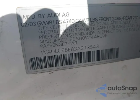2003 Audi A4 1.8T from USA, damaged, VIN WAULC68E83A313543